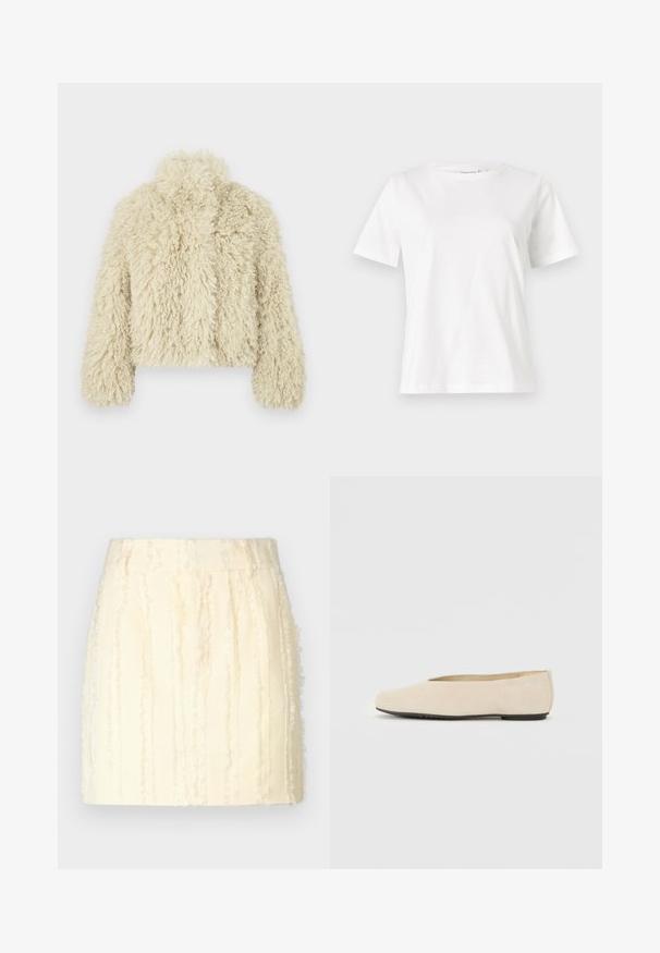 Veste en fausse fourrure ivoire avec un col haut, une forme carrée, une surface texturée et des manches longues. Présente un aspect doux et duveteux.; T-shirt en coton blanc à manches courtes, col rond et coupe décontractée. Texture lisse, sans motifs ni accents, design minimaliste.; Jupe couleur crème avec des rayures verticales texturées, présentant un design effiloché et une taille ajustée. Le tissu semble doux et léger.; Ballerine en daim beige avec un bout arrondi, semelle plate et design minimaliste. Texture lisse et sans matériel ou ornements visibles.