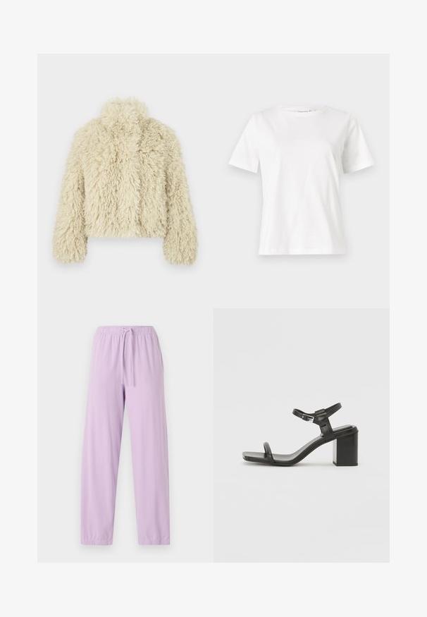 Ivory faux fur jacket with a high collar, boxy shape, textured surface, and long sleeves. Features a soft, fluffy appearance.; White cotton t-shirt with short sleeves, round neckline, and a relaxed fit. Smooth texture, no patterns or accents, minimalistic design.; Light purple jogger pants made of soft fabric with an elasticated waistband and adjustable drawstring; tapered leg design.; Black leather block-heeled sandal with a wide strap across the toe and an adjustable ankle strap, featuring a sleek, minimalist design.