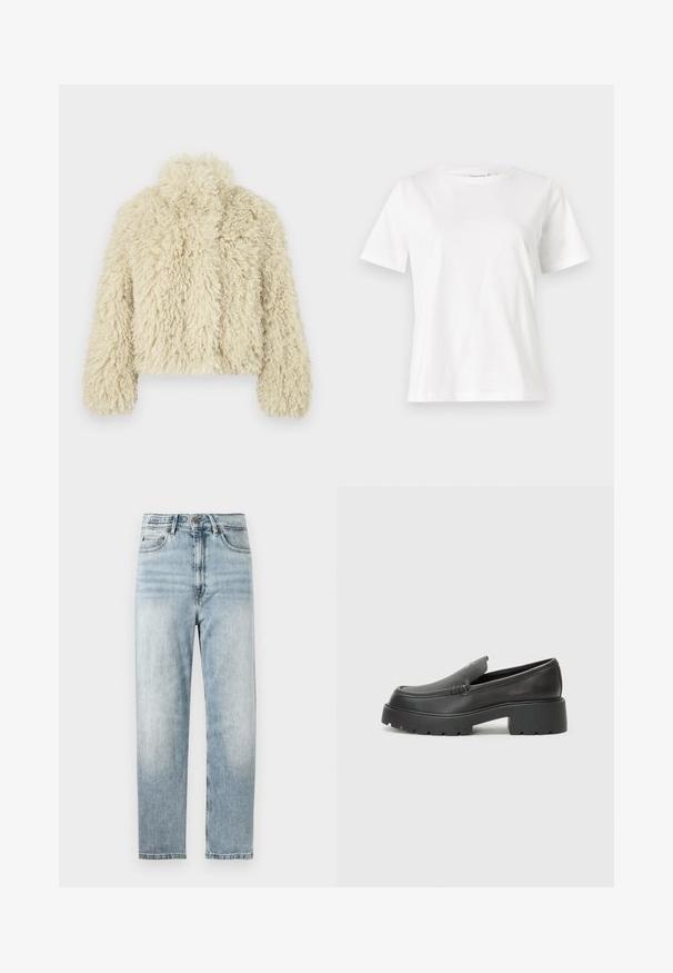 Casaco de pelo sintético marfim com colarinho alto, forma boxy, superfície texturizada e mangas longas. Apresenta uma aparência suave e fofa.; T-shirt de algodão branco com mangas curtas, decote redondo e um corte descontraído. Textura suave, sem padrões ou detalhes, design minimalista.; Jeans de denim azul claro com corte reto, apresentando um fecho de botão e fecho éclair, design de cinco bolsos e desbotamento subtil.; Mocassins de couro preto com bico arredondado, sola espessa e texturizada, e detalhes de costura minimalistas. Design elegante sem atacadores ou ferragens visíveis.