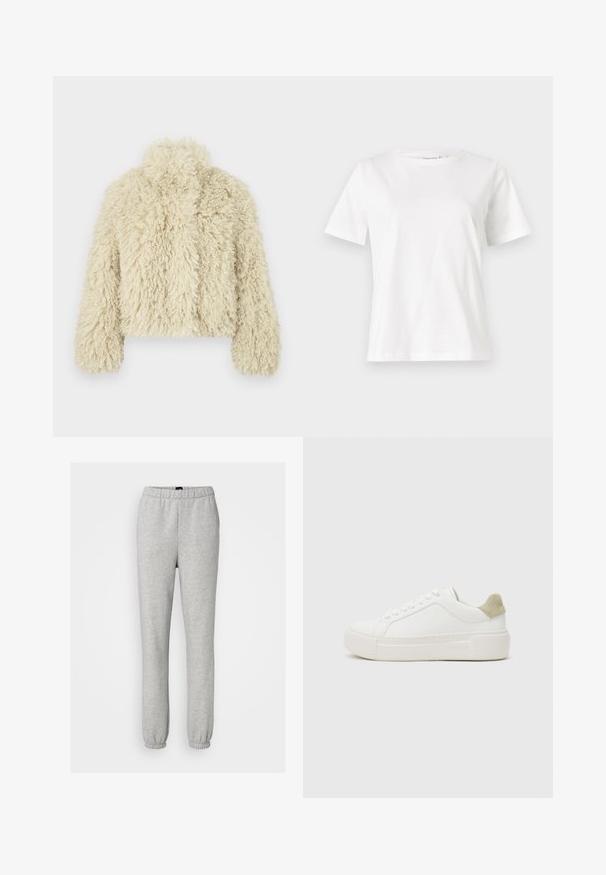 Kremowa kurtka z sztucznego futra z wysokim kołnierzem, prostokątnym krojem, teksturowaną powierzchnią i długimi rękawami. Posiada miękki, puszysty wygląd.; Biała bawełniana koszulka z krótkim rękawem, okrągłym dekoltem i luźnym krojem. Gładka tekstura, brak wzorów lub dodatków, minimalistyczny design.; Gap Tall - Spodnie treningowe; Białe trampki z gładką skórzaną cholewką, jasnoszary zamszowy akcent na pięcie oraz masywną białą gumową podeszwą. Posiadają fason na sznurowanie.