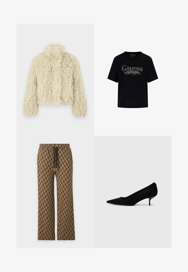 Kreminės faux fur striukės su aukštu apykaklė, kvadratinė forma, tekstūruotas paviršius ir ilgos rankovės. Pasižymi švelnia, pūkuota išvaizda.; Juodas medvilninis marškinėliai su apvaliu kaklu ir trumpomis rankovėmis. Pridėtas blizgus "Guess" logotipas ir tekstas "Įsteigta 1981 metais".; JOOP! TABBY - Treningo apatinė dalis - medium brown; Juodas zomšinis aukštakulnis batus su smailiu kojų pirštu ir plonu, žemu kulnu. Lygi tekstūra su elegantišku dizainu, be matomų metalinių detalių.