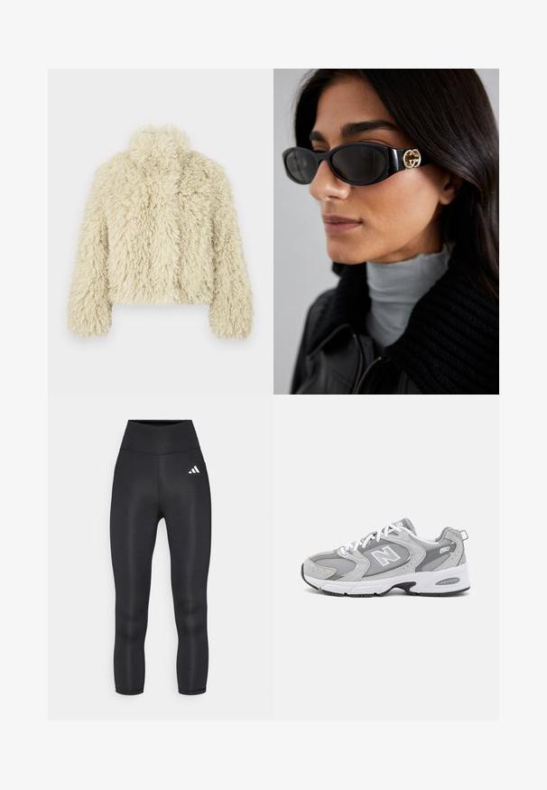 Ivory faux fur jacket with a high collar, boxy shape, textured surface, and long sleeves. Features a soft, fluffy appearance.; Long-sleeve polo shirt in light beige, made of soft fabric. Features a pointed collar, three-button placket with gold buttons, and embroidered logo.; Black high-waisted leggings featuring a smooth, stretchy material and a small white Adidas logo on the left hip.; Grey athletic shoes with a mesh and suede upper, white laces, and a black outsole. Features a prominent "N" logo and padded collar.; Black sunglasses featuring a sleek rectangular frame with a gold logo accent on the side. Dark lenses and glossy finish are prominent.; Quilted pink handbag with handles, featuring embossed design; worn with white lace tights and silver pointed-toe heels.