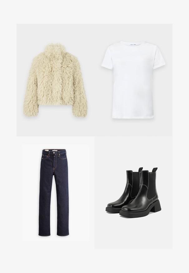 Zilo mākslīgās kažokādas jaka ar augstu apkakli, kastes formas, teksturētu virsmu un garām piedurknēm. Iezīmējas ar mīkstu, pūkainu izskatu.; Balta īsām piedurknēm T-krekls, izgatavots no kokvilnas, ar apaļu kakla izgriezumu. Gluda tekstūra un taisna piegriezuma, bez rakstiem vai akcentiem.; Tumši zilie taisni džinsi ar piecām kabatām un redzamu oranžu šuvumu uz baltas fona.; Melni ādas Čelsijas zābaki ar masīvu papēdi, elastīgām sānu panelēm un kontrastējošu balto šuvumu. Teksturēts apdare.