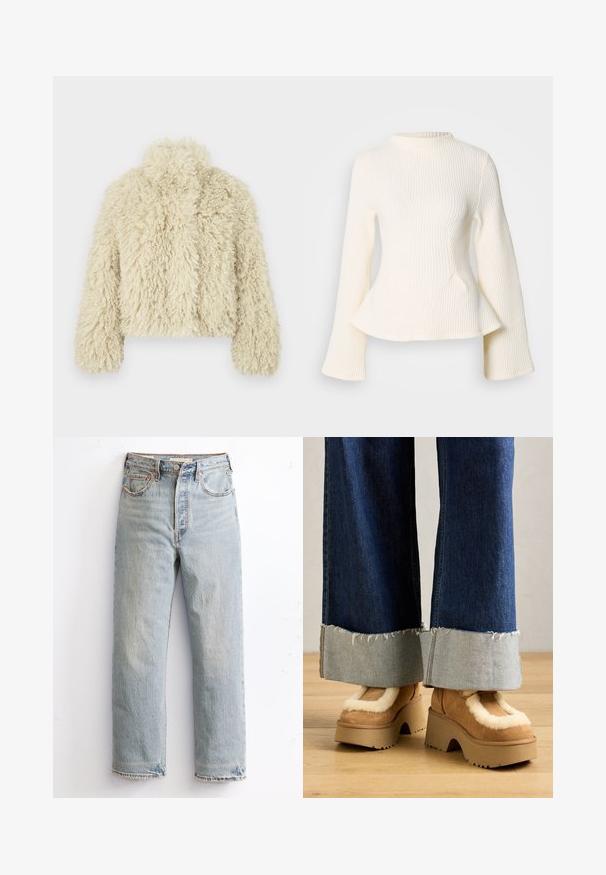 Ivory umetno krzno jakna z visokim ovratnikom, kvadratno oblikovana, z teksturirano površino in dolgimi rokavi. Ima mehko, puhasto obliko.; Kremasto pleteno majico z visokim ovratnikom, dolgimi narejami rokavi in peplum robom. Teksturo vanje dodaja vizualno zanimanje.; Svetloljubčastozeleni šivani traper hlače s ravnim krojem, s razorenim rubom, bakrenim zakovicama i klasičnim pet džepnim stilom.; Rjave ante boote s platformo, obložene s kremastim krznom, v kombinaciji s širokimi denim hlačami z razfrkanimi robovi in lažjim denim zapenjanjem.