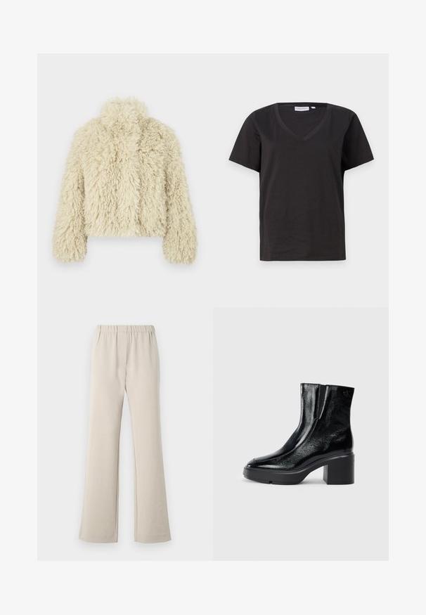 Ivoire imitationspälsjacka med hög krage, fyrkantig siluett, texturerad yta och långa ärmar. Har en mjuk, fluffig utseende.; Svart bomull T-shirt med V-urringning och korta ärmar. Enkelt design med en vanlig passform och inga mönster eller accenter.; Beiga, utsvängda byxor gjorda av ett mjukt tyg med elastisk midja och minimal detaljering. Designade för komfort och enkel användning.; Svarta lacklädersankelstövlar med rundad tå, elastiska sidopaneler och en chunky klack. Har en präglad logotyp på baksidan.