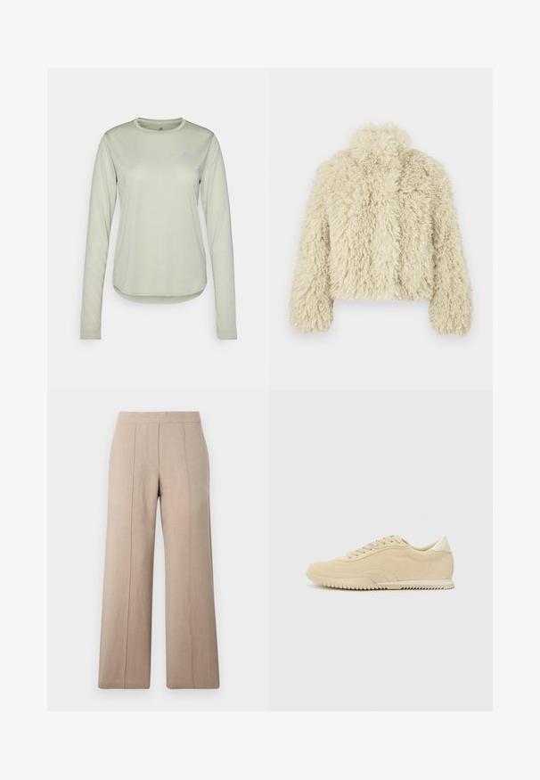 Casaco de pelo sintético marfim com colarinho alto, forma boxy, superfície texturizada e mangas longas. Apresenta uma aparência suave e fofa.; Camisa de manga longa de cor verde clara, feita de um tecido texturizado, com um decote redondo e um pequeno logótipo na área do peito esquerdo.; Calças de perna larga bege, feitas de tecido leve, com pregas frontais, uma cintura lisa e um corte reto com bainhas limpas.; Sapatilha de camurça bege com design de atacador, parte superior texturizada, sola de borracha contrastante e um ligeiro salto. Estilo minimalista com uma marcação discreta.
