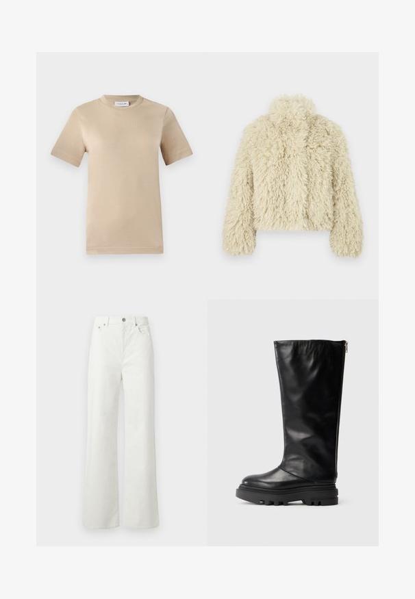 Ivory faux fur jacket with a high collar, boxy shape, textured surface, and long sleeves. Features a soft, fluffy appearance.; Beige cotton t-shirt, short sleeves, crew neck, featuring embossed "LACOSTE" logo on chest, smooth texture, and standard fit.; Samsøe Samsøe SHELLY - Relaxed fit jeans - clear cream; Black leather knee-high boot with a rounded toe, chunky rubber sole, and a side zipper for closure. Smooth texture with minimal detailing.