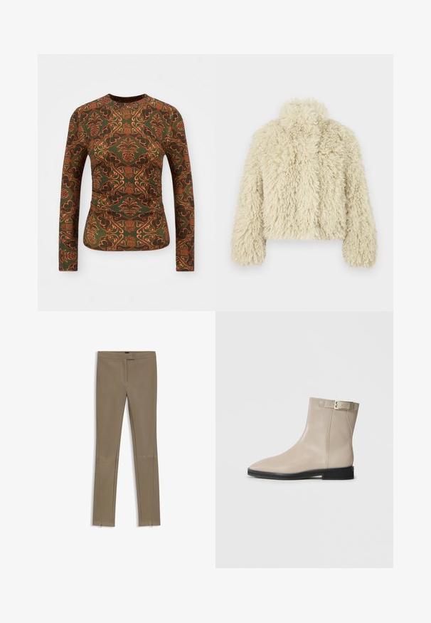 Elfenbeinfarbene Kunstpelzjacke mit hohem Kragen, kastiger Form, strukturierten Oberflächen und langen Ärmeln. Hat ein weiches, fluffiges Aussehen.; Langärmliges Oberteil aus grünem Stoff mit einem Blumen- und Paisleymuster in Orange- und Brauntönen. Rundhalsausschnitt, figurbetontes Design.; Beige dehnbare Hosen mit Slim Fit, ausgestattet mit einer glatten Textur, Reißverschlussdetails an den Knöcheln und einem mittelhohen Bund.; Beige Leder-Ankle-Boot mit spitzer Zehenpartie, schwarzer Sohle, niedrigem Absatz und goldener Schnalle auf der äußeren Seite, vor weißem Hintergrund abgebildet.