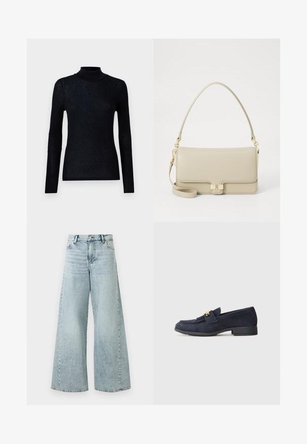 Ivory faux fur jacket with a high collar, boxy shape, textured surface, and long sleeves. Features a soft, fluffy appearance.; Samsøe Samsøe DOU - Long sleeved top - black; Light blue denim wide-leg jeans with a high waist, featuring a button closure, five pockets, and frayed hem details.; Navy suede loafers with a low black heel, featuring a decorative gold hardware detail on the front and a rounded toe design.; Beige leather handbag with a structured shape, gold hardware clasp, and a detachable shoulder strap. Smooth texture and minimalistic design.