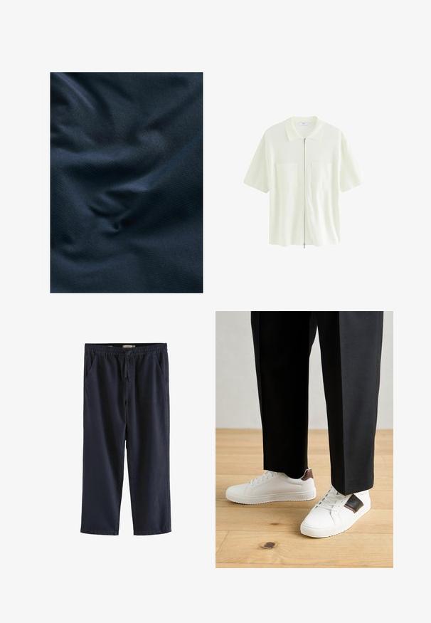 Navy blue textured fabric, slightly wrinkled, showcasing a smooth surface with subtle sheen and a fine, woven pattern.; Short-sleeve, white zip-up shirt made of textured fabric, featuring a collared neckline and two front pockets with square flaps.; Navy blue casual pants with elastic waistband and drawstring, featuring side pockets and straight-leg fit.; White sneakers with smooth texture, featuring brown leather accents and black detailing, paired with black tailored pants. Wooden floor background.