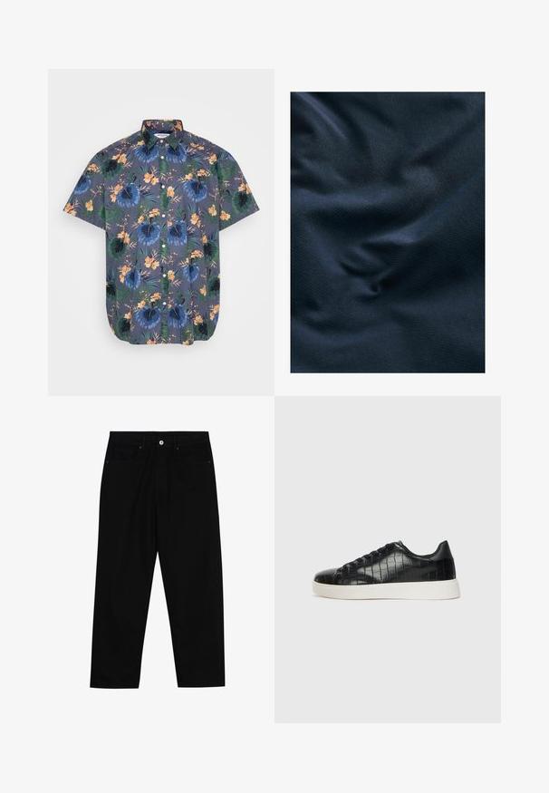 Námořnická modrá texturovaná látka, mírně zmačkaná, ukazující hladký povrch s jemným leskem a jemným tkaným vzorem.; Košile s krátkým rukávem z tmavé tkaniny s modro-zeleným tropickým květinovým vzorem, s knoflíkovým zapínáním vpředu a klasickým límcem.; Černé džíny s rovně střiženými nohavicemi, designem pěti kapes a předním zapínáním na knoflík. Hladký povrch s minimem švových detailů.; Černé tenisky s texturovaným vrškem z kůže s embosovaným hadím vzorem, kulatou špičkou a kontrastní bílou gumovou podrážkou s hladkým povrchem.