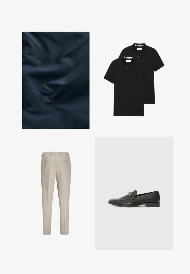 Tumesinine struktureeritud kangas, kerge kortsuga, näidates siledat pinda kerge läikega ja peene kootud mustriga.; Kaks musta polo särki, lühikeste varrukatega, puuvillane materjal, klassikalise kraega, kahe nupuga kinnitusega, valgete triipudega krae sisepinnal.; Lina püksid heledas beežis värvitoonis, millel on tekstuuriga viimistlus. Omab kahte tagumist taskut nööpidega ja vöökohas silmuseid reguleeritava suuruse jaoks.; Must haveate nahkking punased, millel on sile viimistlus, tikitud muster ja dekoratiivne metallkett vampi üle. Tasane konts.