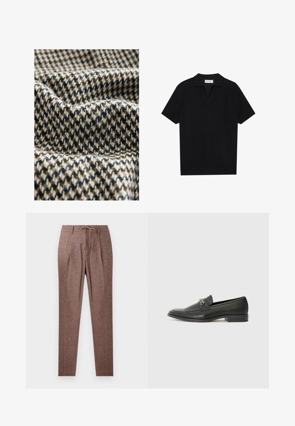 Faktura materiału z wzorem w czarno-białą kratkę houndstooth w odcieniach czerni, beżu i bieli, z miękkimi, lekko puszystymi włóknami i z opadającym wyglądem.; Czarna koszulka polo z krótkim rękawem, wykonana z teksturowanej, prążkowanej tkaniny, z dekoltem w kształcie litery V i prostym zakończeniem. Bez widocznych logo ani wzorów.; Brązowe, teksturowane spodnie w wzór jodełki, z elastycznym pasem i dwoma fałdami z przodu. Prosty krój nogawki.; Czarne skórzane mokasyny o gładkim wykończeniu, z haftowanym wzorem i dekoracyjnym akcentem z metalowego łańcucha na wierzchu. Płaska pięta.
