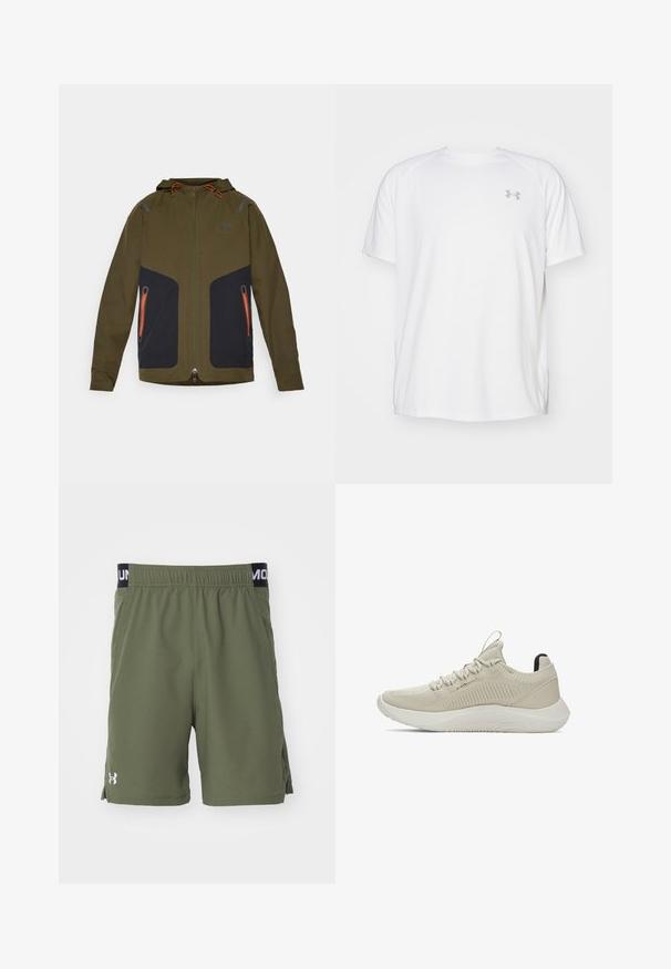 Oliviroheline kapuutsiga jakk, millel on tumesinised külgpanelid. Sisaldab lukuga taskuid ja oranže paelu. Sile, vastupidav kangas.; Valge lühikeste varrukate ja sportliku lõikega särk, millel on sile kangas. Omab ümarat kaelust ja halli logo vasakul rinnal, ning külgsuured lõhik kui lõhateel.; Under Armour VANISH SHORTS - Spordišortsid - marine green/white; Bež spordijalats, millel on kudumisega ülemine osa, tekstureeritud disain ja paindlik valge tald. Omab kandmislinti kandmisel ja minimaalset nöörimist.