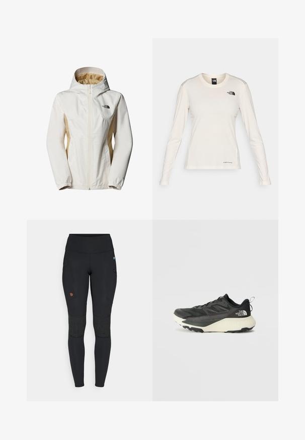 Bílá a světle béžová bunda s kapucí na zip, elastickými manžetami a logem na hrudi; má hladkou, voděodolnou látku.; The North Face SHADOW LONG SLEEVE - Top s dlouhým rukávem - white dune; Černé sportovní legíny s vysokým pasem, bočními kapsami, texturovanými kolenními záplatami a malým značkovým logem v horní části stehna.; Černá sportovní bota s texturovaným svrškem, s šedými akcenty a bílou mezipodešví. Obsahuje poutko a výrazné logo značky na patě.