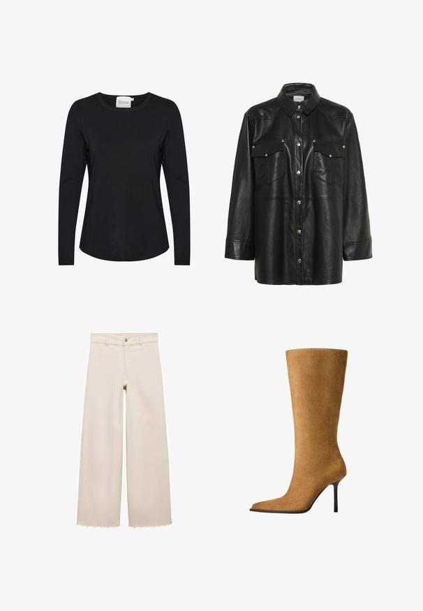Black leather shirt jacket with long sleeves, pointed collar, two chest pockets, and silver metallic snap buttons. Smooth texture, structured design.; Black long-sleeve shirt made of smooth fabric, featuring a round neckline and slight curvature at the hem, with minimal stitching details.; Beige wide-leg jeans with a high waist, featuring a button closure, front pockets, and frayed hem. Made of denim fabric.; Knee-high suede boots in camel color with a pointed toe and a thin high heel. Smooth texture and sleek silhouette with minimal detailing.