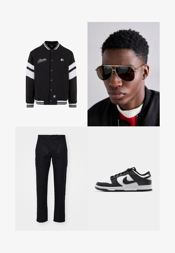 Sort varsityjakke med hvide striber, broderet logo på brystet, trykknaplukning og ribkantede ærmer og nederkant. Glat stofstruktur.; Hvid bomulds t-shirt med rund hals, korte ærmer og lige kant. Har et lille mærke på den venstre sidesøm.; NN.07 THEO - Bukser - black; Sort og hvid Nike Dunk sneakers med læderoverdel, perforeret tå, sorte snørebånd og en sort gummisål med slidbanedesign.; Brune solbriller med guld accenter og en grøn-rød-grøn stripe på stængerne, båret med en sort bomberjakke over en rød og hvid sweater.
