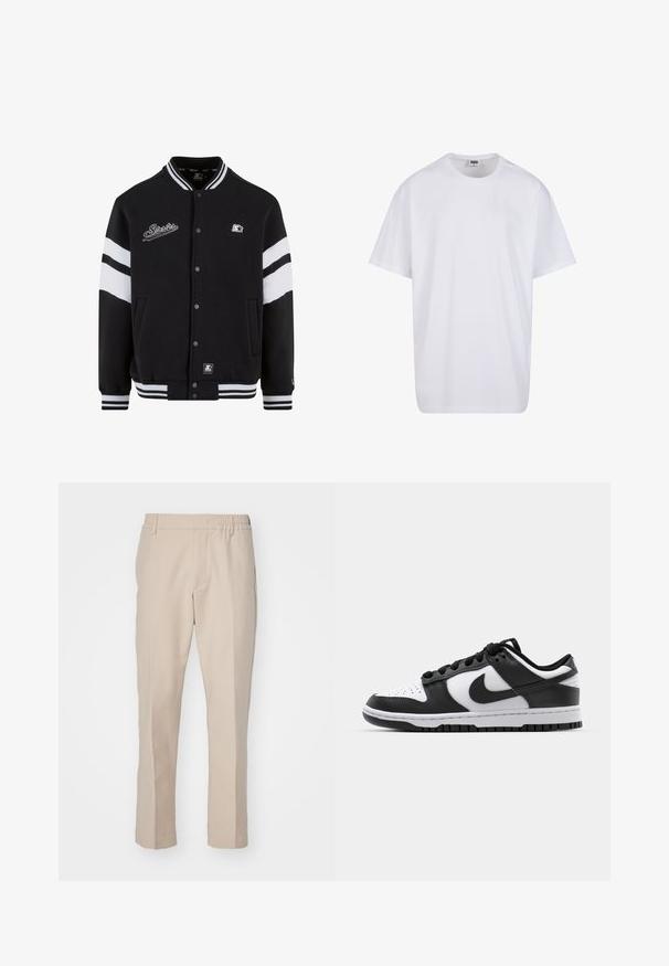 Črni univerzitetni plašč z belimi črtami, vezenim logotipom na prsih, zapiranjem na pritisnjenke ter rebrastimi manšetami in robom. Gladka tekstura tkanine.; Bela bombažna majica s kratkimi rokavi, okroglim izrezom, sproščenim krojem in brez vidnih logotipov ali vzorcev. Gladka tekstura in minimalen dizajn.; Beige hlače z gladko teksturo, ravnim krojem in elastičnim pasom. Imajo stranske žepke in nevtralno barvo, primerno za vsestranske outfite.; Črno-bele Nike Dunk teniske z usnjenim zgornjim delom, perforiranim prstom, črnimi vezalkami in črnim gumijastim podplatom s profilom.