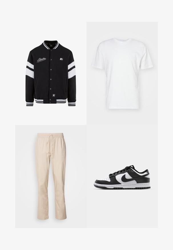 Czarna kurtka varsity z białymi paskami, haftowane logo na klatce piersiowej, zapięcie na zatrzaski oraz ściągacze przy mankietach i hemie. Gładka tekstura materiału.; Biała bawełniana koszulka z krótkim rękawem, okrągłym dekoltem i gładką fakturą. Prosty design bez wzorów czy grafik.; Beżowe spodnie w luźnym kroju, z elastycznym paskiem w talii i troczkami. Gładka faktura, lekko zwężające się nogawki, brak widocznych wzorów czy elementów metalowych.; Czarno-białe sneakersy Nike Dunk z skórzaną cholewką, perforowanym czubkiem, czarnymi sznurówkami oraz czarną gumową podeszwą z bieżnikiem.