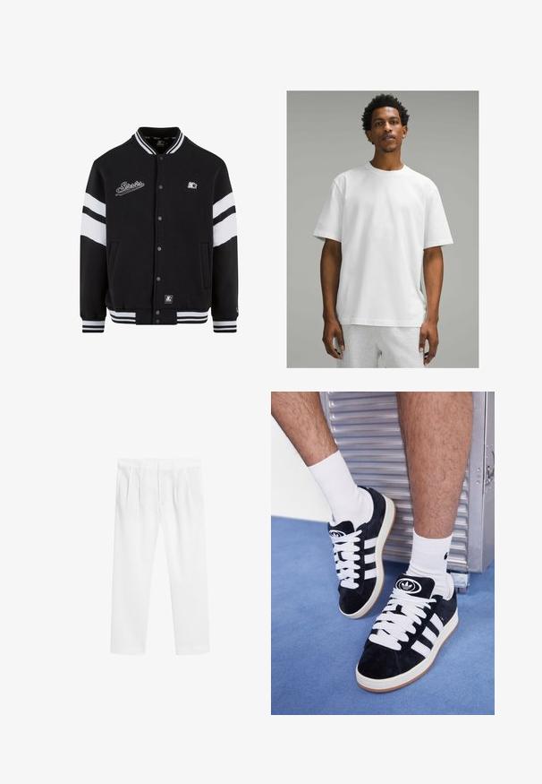 Schwarze Collegejacke mit weißen Streifen, gesticktes Logo auf der Brust, Druckknopfverschluss und gerippte Bündchen und Saum. Glatte Stofftextur.; Weißes Baumwoll-T-Shirt mit kurzen Ärmeln, rundem Halsausschnitt und lockerem Schnitt. Glatte Textur, schlichtes Design, keine sichtbaren Muster oder Akzente.; Weiße, leichte Hosen mit lässiger Passform. Mit flachem Bund, elastischem Taillenbund und Seitentaschen. Glatte Textur, gerade Beine.; Schwarze Wildledersneaker mit weißen Schnürsenkeln und drei weißen Streifen. Verfügt über ein kreisförmiges schwarzes Logo auf der Zunge und eine Gummisohle.
