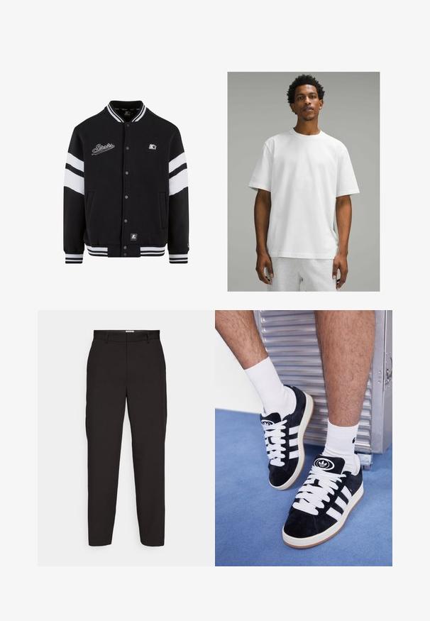 Zwarte varsityjas met witte streepjes, geborduurd logo op de borst, drukknoopsluiting en geribbelde manchetten en zoom. Gladde stofstructuur.; Witte katoenen t-shirt met korte mouwen, ronde hals, ontspannen pasvorm. Gladde textuur, eenvoudige stijl, geen zichtbare patronen of accenten.; Zwarte broek van gladde stof, met een rechte pijpdesign, riemlussen en zijzakken. Geen zichtbare patronen of hardware.; Zwarte suède sneakers met witte veters en drie witte strepen. Heeft een cirkelvormig zwart logo op de tong en een gumrubberen zool.