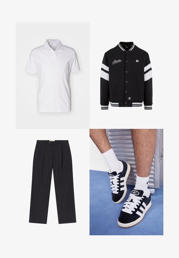 Schwarze Collegejacke mit weißen Streifen, gesticktes Logo auf der Brust, Druckknopfverschluss und gerippte Bündchen und Saum. Glatte Stofftextur.; Weißes Kurzarm-Polohemd mit Kragen und einem kleinen Etikett im Halsbereich vor einem schlichten Hintergrund.; Maßgeschneiderte dunkelblaue Stoffhosen mit hoher Taille, zwei frontalen Falten, Knopfverschluss und geraden Beinen aus glattem Material.; Schwarze Wildledersneaker mit weißen Schnürsenkeln und drei weißen Streifen. Verfügt über ein kreisförmiges schwarzes Logo auf der Zunge und eine Gummisohle.