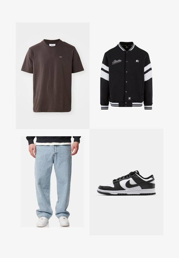 Black varsity jacket with white stripes, embroidered logo on chest, snap button closure, and ribbed cuffs and hem. Smooth fabric texture.; Brown cotton t-shirt with a ribbed crew neck. Features a small white logo on the left chest. Short sleeves and a straight hem.; Light blue denim jeans with a loose fit, straight leg design, and subtle fading. Finished with traditional five-pocket styling and stitching details.; Black and white Nike Dunk sneakers featuring a leather upper, perforated toe, black laces, and a black rubber sole with tread design.