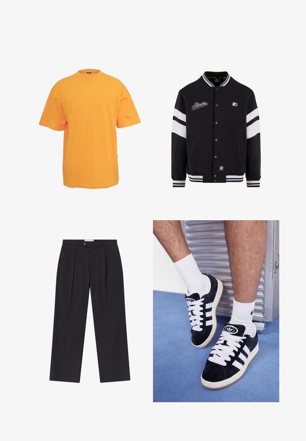 Melna universitātes jakas ar baltām svītrām, izšūta logo uz krūts, ar pogu aizdari, ribinātām aprocēm un apakšai. Gluda auduma tekstūra.; Oranžs kokvilnas t-krekls ar apaļu kaklu, īsām piedurknēm un brīvu piegriezumu. Bez rakstiem vai akcentiem. Gluda tekstūra.; Pielāgoti tumši zilie bikses ar augstu jostasvietu, divām priekšējām krokām, pogu aizdari un taisnām kājām no gludas auduma.; Melni zamšaini sporta apavi ar baltiem šņorēm un trim baltām svītrām. Iekļauj arī apaļu melnu logotipu uz mēles un gumijas zoli.
