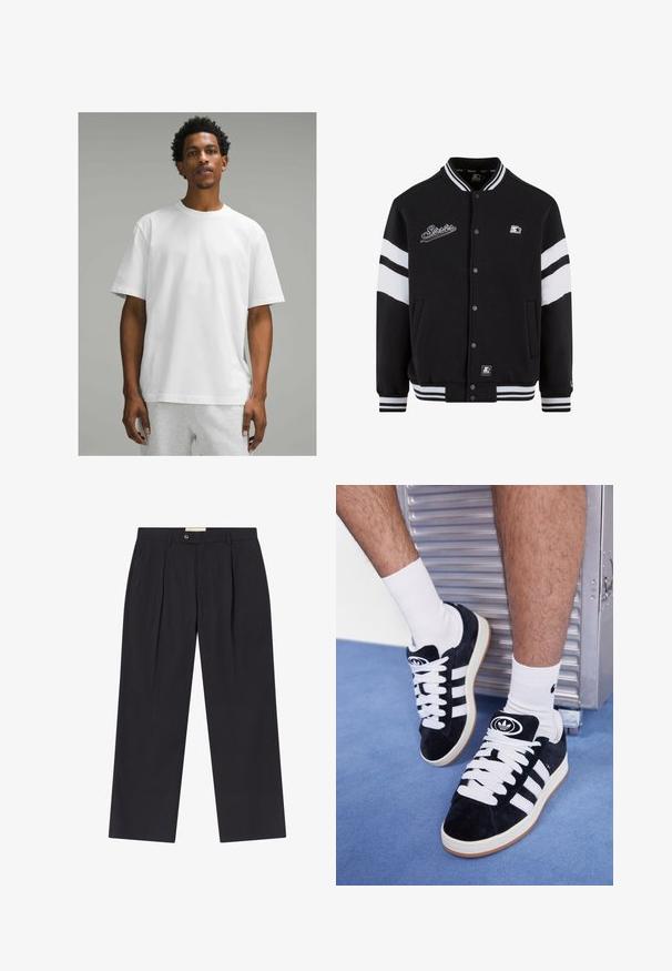 Černá univerzitní bunda s bílými pruhy, vyšívané logo na hrudi, zapínání na patentky a žebrované manžety a lem. Hladký textilní povrch.; Bílý bavlněný tričko s krátkým rukávem, kulatým výstřihem a volným střihem. Hladká textura, jednobarevný design, bez viditelných vzorů nebo akcentů.; Upravené tmavě námořnické kalhoty s vysokým pasem, dvěma předními záhyby, zapínáním na knoflík a rovnými nohavicemi z hladkého materiálu.; Černé semišové tenisky s bílými tkaničkami a třemi bílými pruhy. Mají kulatou černou logo na jazyku a gumovou podrážku.