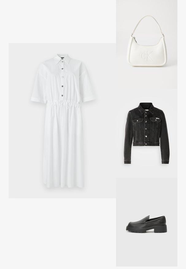 Juodas trumpas džinsinis švarkas su sagų uždarymu, dviem krūtinės kišenėmis ir išlenktu peteriu. Yra sidabrinės spalvos detalės ir nusidėvėjęs tekstūras.; Balta medvilninė marškinių suknelė su trumpomis rankovėmis, mygtukų užsegimu priekyje ir reguliuojamu raiščiu juosmens srityje. Pasižymi laisvu kirpimu ir lygiu paviršiumi.; Juodi odiniai loaferiai su apvaliu pirštu, storu tekstūruotu padu ir minimaliu siūlių dekoru. Išskirtinis dizainas be matomų raištelių ar furnitūros.; Balta odinė rankinė su išlenkta forma, su reljefiniu "CK" logotipu priekyje ir viena petneša. Užtrauktuko uždarymas viršuje.