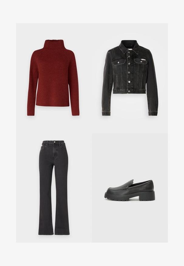 Czarna skrócona dżinsowa kurtka z przodu na guziki, dwoma kieszeniami na piersi i spiczastym kołnierzem. Zawiera srebrne elementy metalowe i wytarty teksturę.; DRYKORN ARWEN ciemnoczerwony; Czarne jeansy z wysokim stanem i rozszerzanym dołem, wykonane z denimu, z zapięciem na guzik, szlufkami na pasek oraz kieszeniami bocznymi. Gładka faktura z minimalnym przetarciem.; Czarne skórzane mokasyny z zaokrąglonym noskiem, grubą fakturowaną podeszwą oraz minimalnymi detalami szycia. Elegancki design bez widocznych sznurowadeł czy elementów metalowych.
