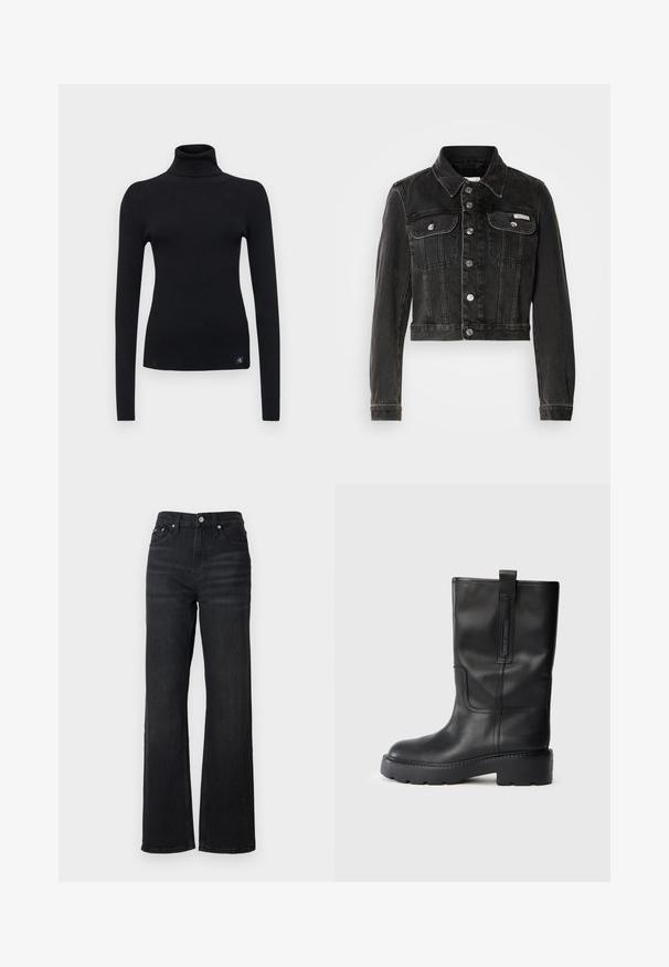 Melnā īsā džinsu jaka ar pogu aizdari, divām krūšu kabatām un norādītu apkakli. Iezīmē sudraba krāsas aparatūru un izbalējušu tekstūru.; Melns ribots augstais kakls džemperis ar gariem piedurknēm un pieguļošu formu. Iekļauts mazs logotipa uzraksts kreisajā apakšējā stūrī. Mīksts adījuma tekstūras materiāls.; Melni džinsu auduma platleņķa džinsi ar augstu jostasvietu, piecu kabatu dizainu un sudraba metāla pogu. Audumam ir gluda tekstūra un neliela stiepšanās.; Melnas ādas līdz ceļiem augstas zābaki ar elegantu dizainu, kas iezīmē biezus zole un sānu cilpu, lai ērtāk uzvilktu. Ievērojamas šuvju akcenti.