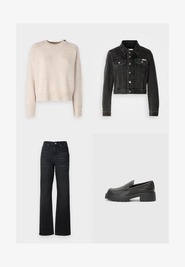 Svart kort denimjakke med knappefront, to brystlommer og spiss krage. Har sølvfarget hardware og falmet tekstur.; Lys beige strikkegenser med rund hals, senkede skuldre og ribbede mansjetter. Har en knappdetalj på skulderen.; Sorte denim vide bukser med høj talje, fem-lomme design og sølv metalknap. Stoffer har en glat tekstur og let stræk.; Sorte skinnloafers med rund tå, tykk teksturert såle og minimale sømdetaljer. Strømlinjeformet design uten synlige snørebånd eller hardvarer.