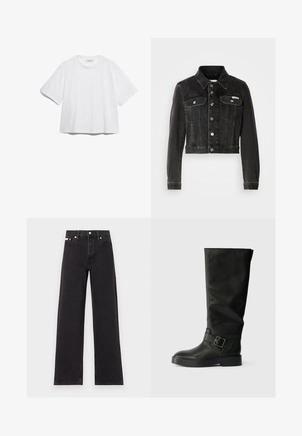 Black cropped denim jacket with button front, two chest pockets, and pointed collar. Features silver-tone hardware and faded texture.; White cotton t-shirt with short sleeves, round neckline, relaxed fit, and no visible patterns or graphics. Smooth texture and simple design.; Black wide-leg jeans made of denim, featuring a high-rise waist, five-pocket styling, and a metal button closure with contrasting stitching.; Black knee-high boots made of smooth leather, featuring a rounded toe, a thick sole, and a horizontal strap with a rectangular buckle detail.