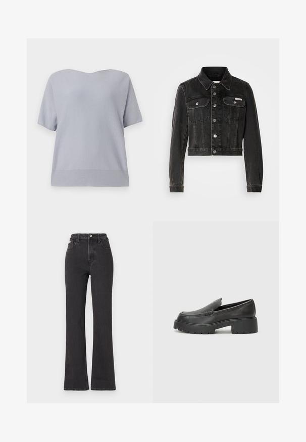 Black cropped denim jacket with button front, two chest pockets, and pointed collar. Features silver-tone hardware and faded texture.; Light gray short-sleeve top, knitted fabric, V-neck design, relaxed fit, with a subtle ribbed texture at the hem and cuffs.; Black high-waisted flared jeans made of denim, featuring a button closure, belt loops, and side pockets. Smooth texture with minimal fading.; Black leather loafers with a rounded toe, thick textured sole, and minimal stitching details. Sleek design with no visible laces or hardware.