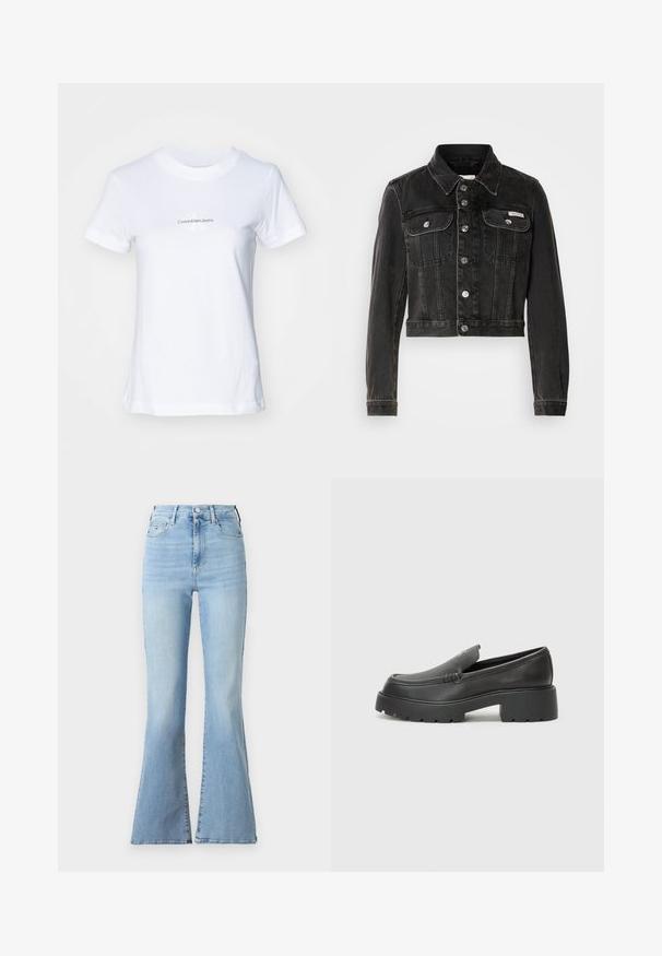 Jaqueta de denim preta, cropped, com fecho de botão, dois bolsos no peito e colarinho pontudo. Apresenta acessórios em tom prateado e textura desgastada.; T-shirt de algodão branco com decote redondo, mangas curtas e gráfico frontal em texto azul: "CalvinKleinJeans" com um logo estilizado da letra "K".; Calças de ganga claras, com cintura alta e corte à boca de sino, em tecido de ganga, com textura desbotada e design clássico de 5 bolsos. Apresentam fecho de botão e zipper.; Mocassins de couro preto com bico arredondado, sola espessa e texturizada, e detalhes de costura minimalistas. Design elegante sem atacadores ou ferragens visíveis.