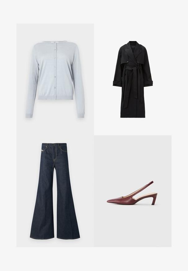 Casaco preto longo com lapelas largas, botões duplamente abotoados, aba frontal, tiras nos punhos e um cinto atado na cintura.; Cardigã tricotado cinza claro com mangas longas, gola redonda e fecho frontal com botões. Apresenta punhos e barra canelados. Tecido simples e texturizado.; Camisa riscada em rosa claro com riscas verticais em verde e amarelo, com fecho de botões e mangas compridas com punhos em contraste.; Jeans de lavagem azul-escura, com corte flare, feitos de denim, apresentando uma cintura alta, detalhes em costura dourada e dois bolsos frontais com fecho de botão.; Sapatos de salto slingback em bordeaux com bico pormenorizado, detalhes recortados na lateral e um salto quadrado de altura média. Acabamento em pele suave.