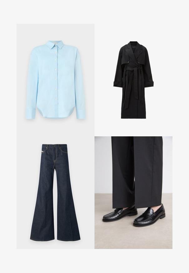 Long black trench coat with wide lapels, double-breasted buttons, front flap, cuff straps, and a tied waist belt.; Light blue button-up shirt with long sleeves, a collar, rounded hem, and five front buttons; made of smooth, lightweight fabric.; Dark blue flared jeans made of denim, featuring a high waist, gold stitching accents, and two front pockets with a button closure.; Black leather loafers with a smooth finish, stitched detailing around the toe, and a low rubber sole. Paired with wide black trousers.