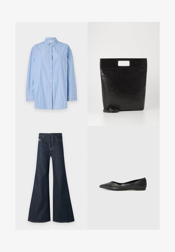 Long black trench coat with wide lapels, double-breasted buttons, front flap, cuff straps, and a tied waist belt.; Blue striped long-sleeve shirt made of lightweight fabric. Features a classic collar, button closure, and white vertical stripes.; Dark blue flared jeans made of denim, featuring a high waist, gold stitching accents, and two front pockets with a button closure.; Black leather ballet flat with a pointed toe, low heel, and smooth texture. Minimal design with a subtle side accent.; Black leather tote bag with a square handle, featuring a textured finish and embossed logo. Includes a detachable strap.