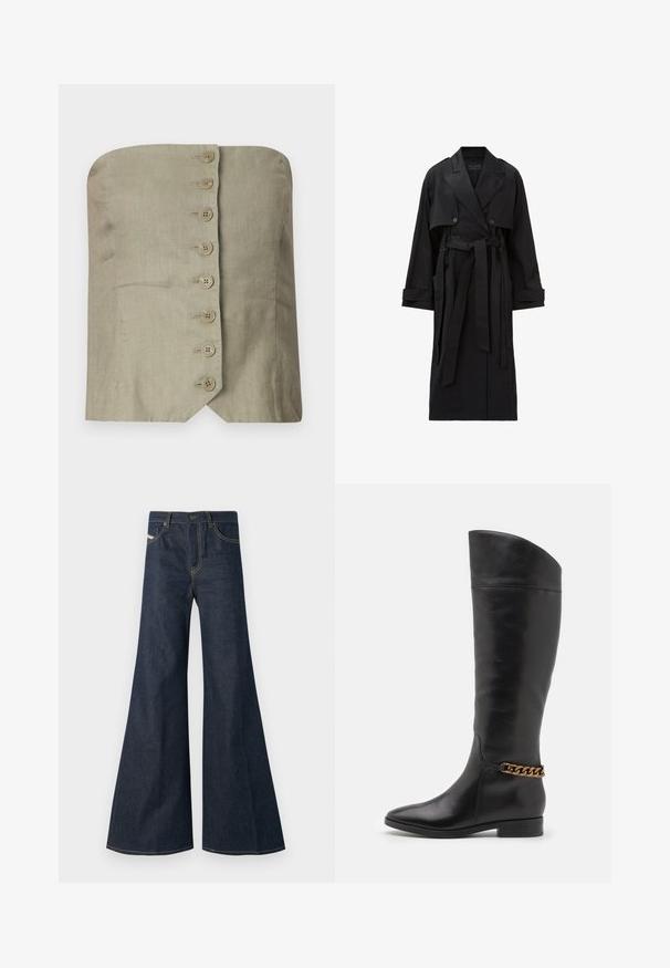 Long black trench coat with wide lapels, double-breasted buttons, front flap, cuff straps, and a tied waist belt.; Strapless top in light green linen with a straight neckline, featuring six large, round buttons down the front and a pointed hem.; Dark blue flared jeans made of denim, featuring a high waist, gold stitching accents, and two front pockets with a button closure.; Tall black leather boots with a sleek design, pointed toe, and a gold chain accent at the ankle. Low block heel. Smooth texture.