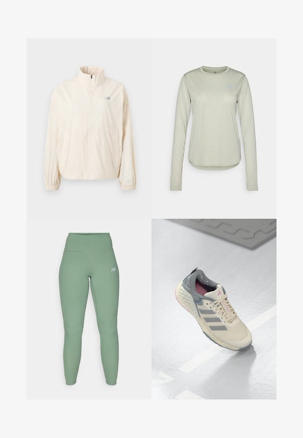 Kermavan värinen, kevyt takki, jossa on korkea kaulus, täysipitkä vetoketju, joustavat hihansuut ja pieni harmaa logo vasemmalla ylhäällä.; Vaaleanvihreä pitkähihainen paita, joka on valmistettu teksturoidusta kankaasta. Paidassa on pyöreä kaula-aukko ja pieni logo vasemmassa rinnassa.; Korkeavyötäröiset leggingsit hillityn vihreässä kankaassa, joissa on sileä pinta ja tiukka istuvuus. Pieni tummanharmaa logo yläreidessä.; Beige urheilukenkä, jossa on harmaita yksityiskohtia, verkkokangas päällinen ja teksturoitu pohja. Sisältää kolme harmaata raitaa ja vaaleanpunaiset sisäyksityiskohdat.