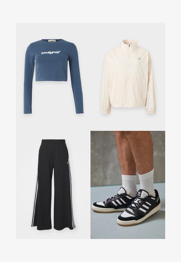 Kremo spalvos, lengvas švarkas su aukštu apykakle, pilnu priekiu užtrauktuku, elastiniais rankogaliais ir mažuoju pilku logotipu viršuje kairėje pusėje.; Mėlyna patrumpinta ilgomis rankovėmis marškiniai, pagaminti iš minkštos medvilnės, su balta išsiuvinėta "lowlights" logotipu priekyje. Lygus paviršius, raukšlėta apykaklė.; Juodos plačios kojų džinsinės kelnės su elastingu juosmeniu, turinčios baltas šonines juosteles ir išsiuvinėtą logotipą kairiajame šlaunyje.; Juodos ir baltos sportinės bateliai su zomšiniu ir odiniu viršumi, su trimis baltomis juostelėmis, perforuota koja ir guminėmis padais.