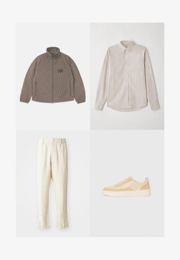 Rudens brūns, adatots jaku ar augstu apkakli, ar rāvējslēdzēju priekšpusē un divām sānu kabatām. Iezīme diagonālas zigzaga raksts un neliela auduma etiķete.; Gaiši beidzis ilga piedurkne krekls, izgatavots no mīksta auduma. Ar pogu uz leju apkakli un centrālo pogu aizdares ar izliekto apakšmalu.; Bežīgas lina bikses ar brīvu piegriezumu, sašaurinātiem gaišiem kājām un plakanu priekšpusi. Iekļautas elastīgas vidukļa joslas ērtiem nēsāšanai un minimāliem šuvju akcentiem.; Sarkani kedu no gaišas dzeltenas zamšas un ādas, ar mīkstinātu zoli un izšūti akcenti. Klasisks auklu aizdare ar noapaļotu purngalu.