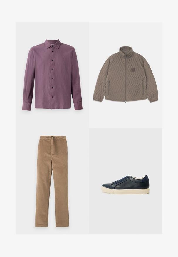 Kvadražna rjava jakna z visokim ovratnikom, zadrgo spredaj in dvema stranskima žepoma. Ima diagonalni cik-cak vzorec in majhno tkaninsko oznako.; Majica z dolgimi rokavi iz svetlo vijolične tkanine, ki ima spredaj gumbke v črni barvi in klasični ovratnik. Gladka tekstura, ravno krojena.; Rjave kordurojske hlače z elastičnim pasom in sprednjim vrvico, ravne nogavice, prikazane na beli podlagi.; Morske modre usnjene superge s kremasto gumijasto podlogo, opremljene z modrimi vezalkami in gladko teksturo. Zaokrožena kapica in minimalističen dizajn.