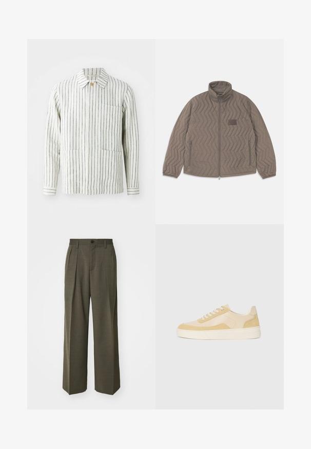 Brązowa kurtka pikowana z wysokim kołnierzem, zamkiem błyskawicznym z przodu i dwiema bocznymi kieszeniami. Posiada ukośny wzór w zygzak oraz małą etykietę z tkaniny.; Pasek marynarka w kolorze kremowym i granatowym, wykonana z lekkiego materiału. Posiada kołnierz, zapięcie na guziki i dwie przednie kieszenie.; Filippa K - Spodnie materiałowe; Sneakers w jasnym żółtym zamszu i skórze, z miękką podeszwą i obszywanymi detalami. Klasyczny design na sznurowadła z okrągłym noskiem.