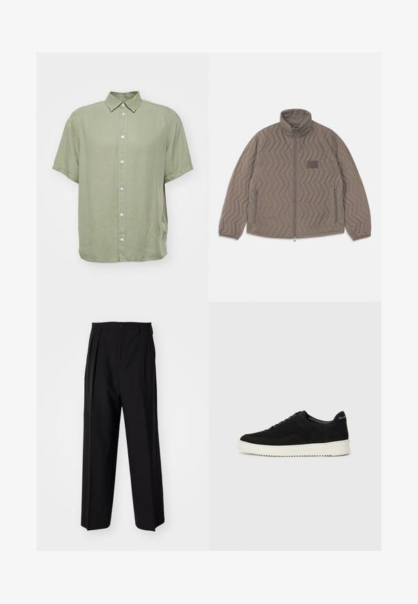 Kvadražna rjava jakna z visokim ovratnikom, zadrgo spredaj in dvema stranskima žepoma. Ima diagonalni cik-cak vzorec in majhno tkaninsko oznako.; J.LINDEBERG Srajca - oil green; Črne nabirane hlače s ravnim, širokim krojem. Narejene so iz gladkega materiala in imajo zadrgo ter pasne zanke.; Črni semiš teniški copati z vezalkami in kontrastnim belim gumijastim podplatom. Imajo teksturirane stranske panele in subtilno oznako na peti.