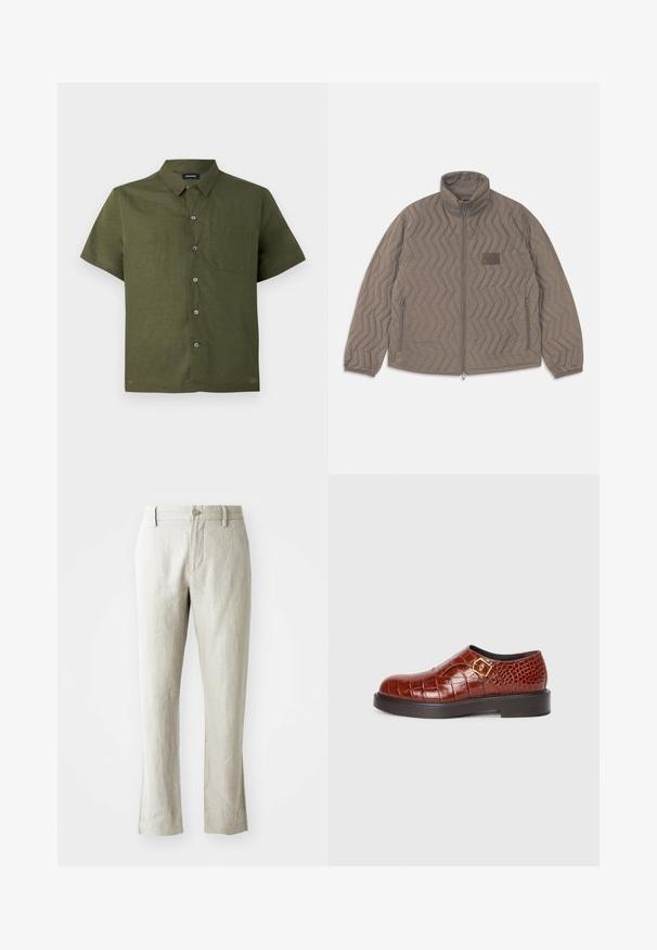 Veste matelassée marron avec col haut, fermeture éclair sur le devant et deux poches latérales. Présente un motif zigzag diagonal et une petite étiquette en tissu.; Chemise à manches courtes de couleur olive foncé, en tissu texturé ; présente un devant boutonné et une poche poitrine unique.; Pantalons en lin beige clair à coupe droite, texture subtile, fermeture à bouton devant et deux poches latérales. Conçus pour une silhouette épurée.; Chaussures en cuir marron avec une texture crocodile, dotées d'une boucle carrée en or, d'un bout arrondi lisse et d'une semelle épaisse noire.