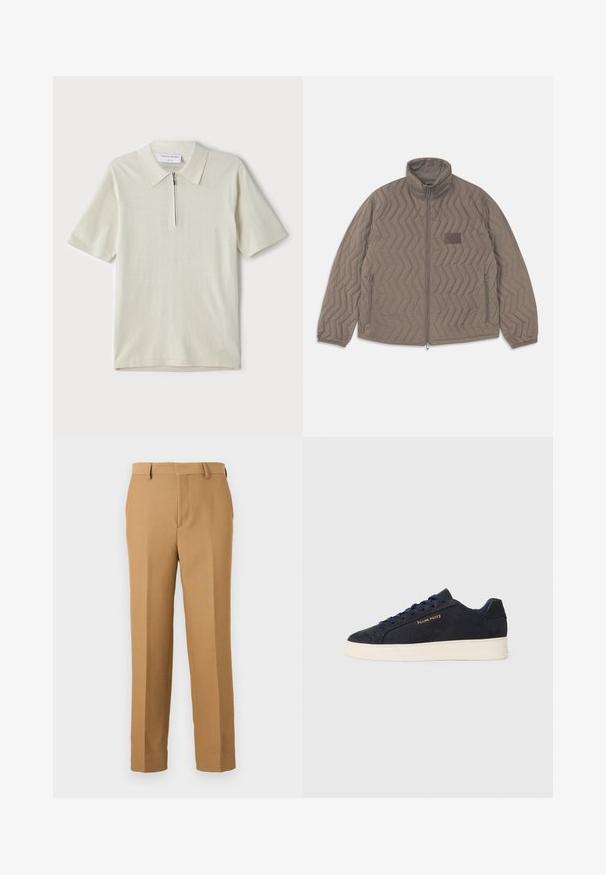 Pletená hnědá bunda s vysokým límcem, zipem v přední části a dvěma bočními kapsami. Obsahuje diagonální cik-cak vzor a malou textilní etiketu.; Pánská polo košile s krátkým rukávem v světlé béžové barvě, s límcem na zip. Vyrobena z hladkého materiálu, s jednoduchým, moderním designem bez vzorů.; Beige kalhoty z tkané látky, s rovnými nohavicemi, plochým předním dílem a poutky na opasek. Hladký povrch bez viditelných vzorů.; Námornická modrá semišová nízká obuv s bílou podrážkou, námořnickými tkaničkami a zlatým logem "Filling Pieces" na boku.