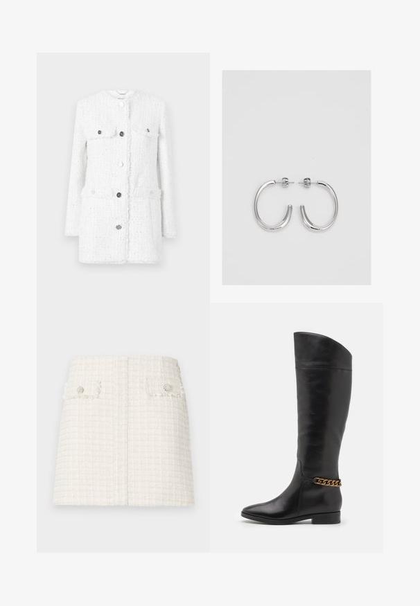 Valge tweed-jakk tekstuurse kangaga, millel on kaks esipocketit, kõrge krae ja hõbedased nööbid kinnitamiseks ning kaunistamiseks.; Must have musta lühikeste varrukatega kõrge kaelusega top, mis on valmistatud kergest kangast sujuva tekstuuriga ja sobiva lõikega.; Valge tweed mini-seelik, millel on tekstuuriga ruuduline muster. Sisaldab kahte esimest klapikoti, millel on dekoratiivsed nupud. Sirge äärega disain.; Kõrged mustad nahast saapad, millel on stiilne disain, terav nina ja kuldne kett aktsent pahkluul. Madal plokk-konts. Sile tekstuur.; Hõbedased rõngaskõrvarõngad, millel on sile ja läikiv pind. Ümar kuju, kerge disain, millel on post-tagumise kinnituse süsteem.