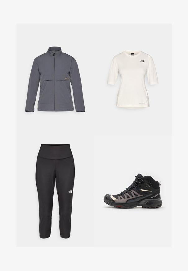 Szürke, cipzáras dzseki könnyű anyagból. Magas gallérral, elülső zsebekkel és vízszintes mellzsebbel rendelkezik, rajta logó címkével.; The North Face SHADOW SHORT SLEEVE  - Sportfelső - white dune; Fekete capri leggings, rugalmas anyagból készült, magas derékkal és egy kis fehér logóval a bal oldalon. Sima tapintású.; Fekete és szürke túracipő hálós és szintetikus anyagokkal, strapabíró talppal, fűzős kialakítással és megerősített orrrész. Márkalogó látható.